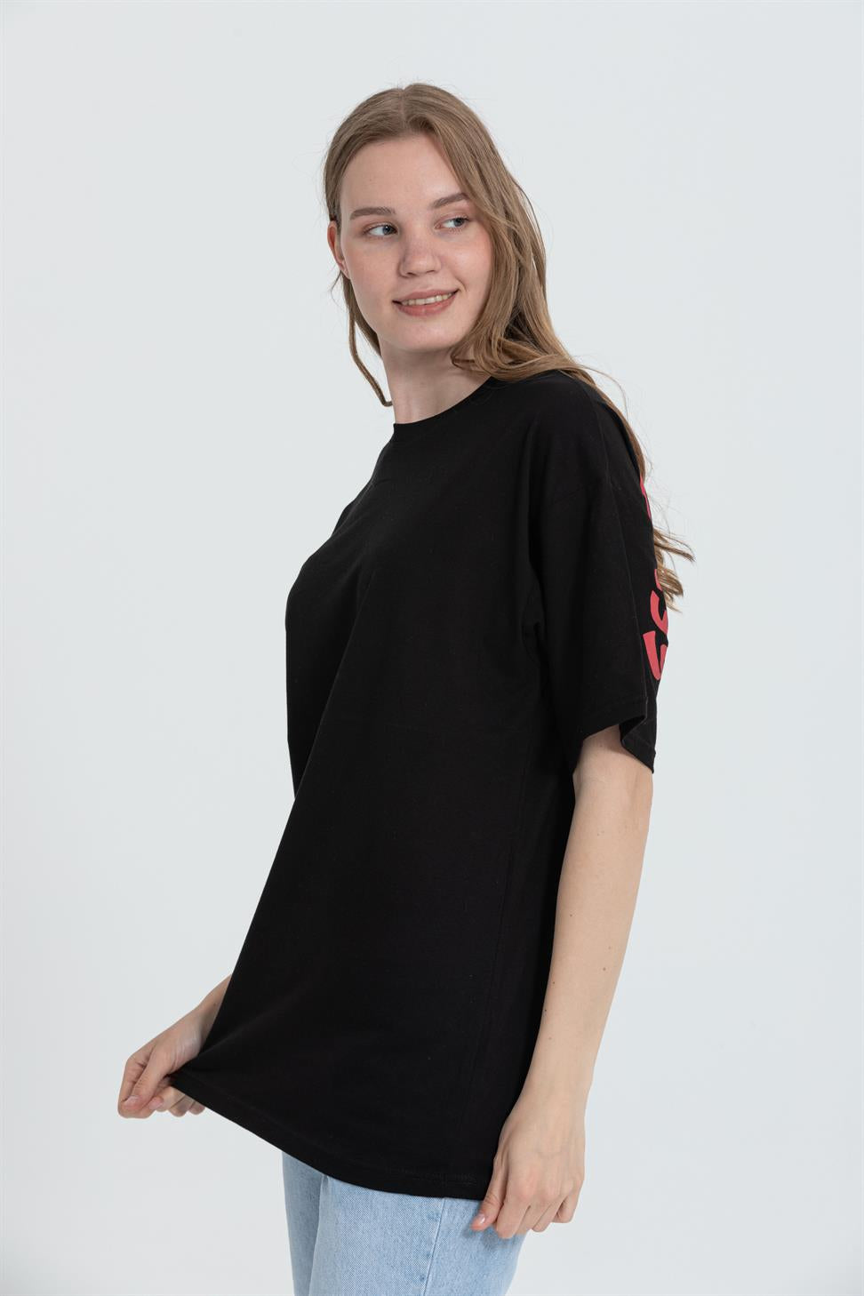 R-5741 Bisiklet Yaka Oversize Arka Kuru Kafa Baskılı T-shirt
