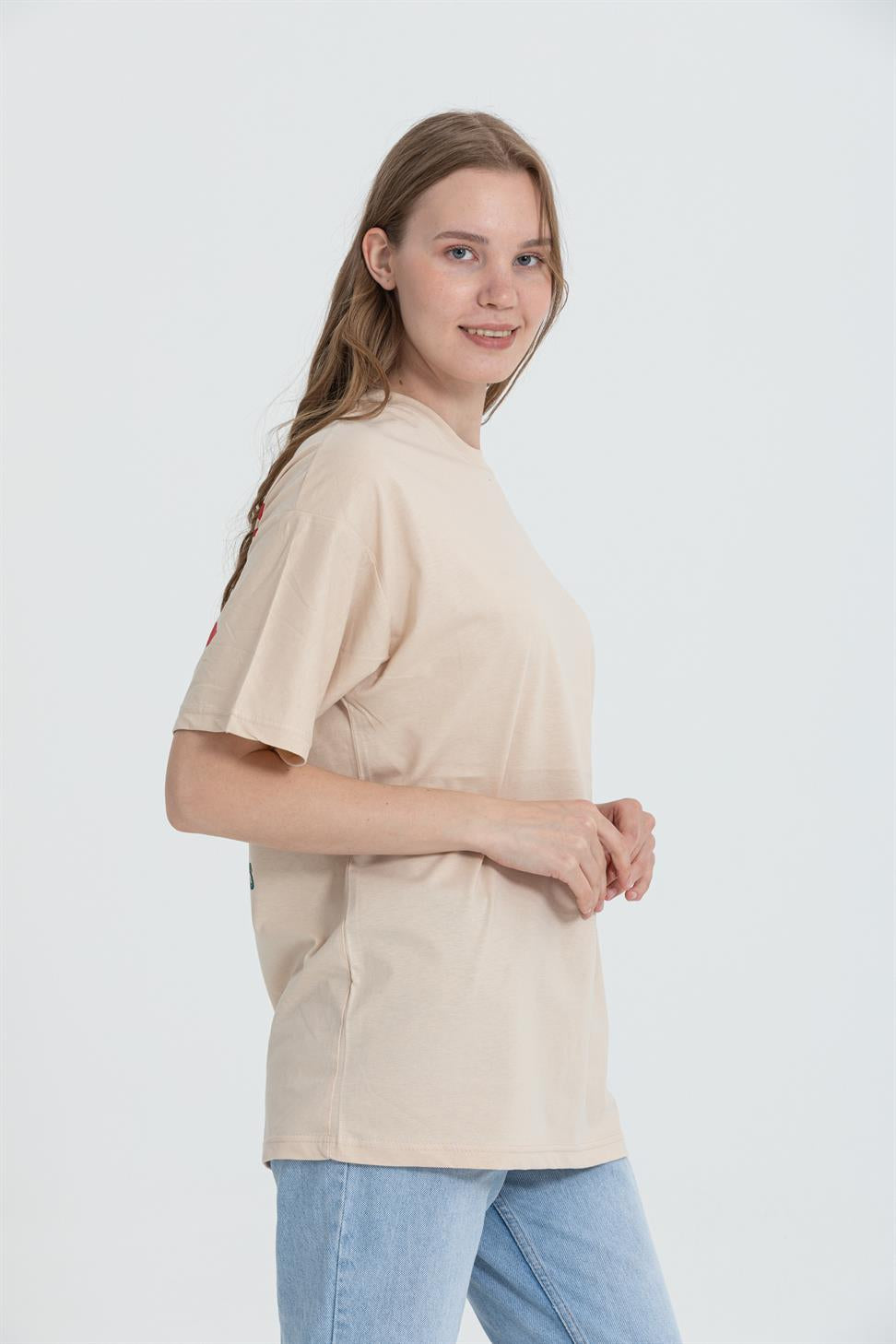 R-5741 Bisiklet Yaka Oversize Arka Kuru Kafa Baskılı T-shirt