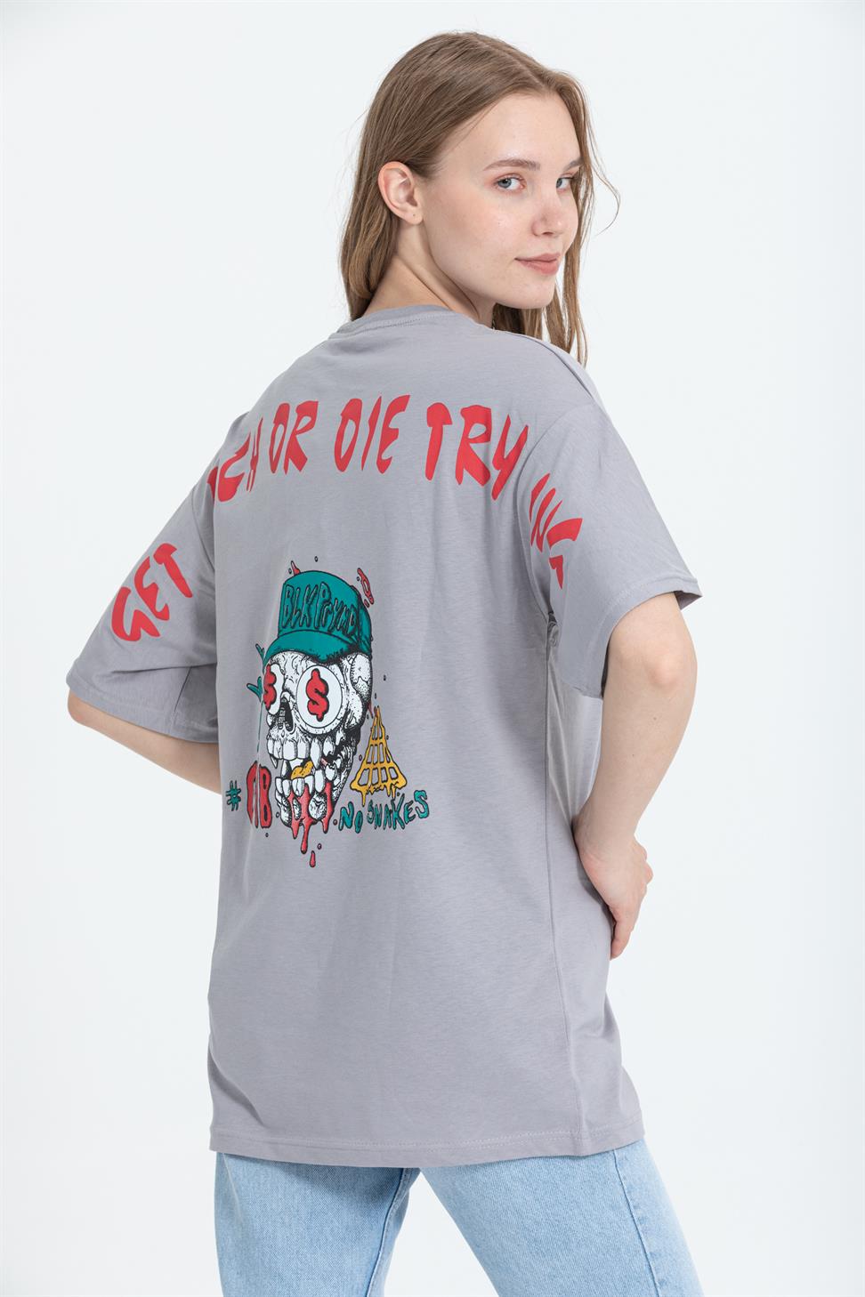 R-5741 Bisiklet Yaka Oversize Arka Kuru Kafa Baskılı T-shirt