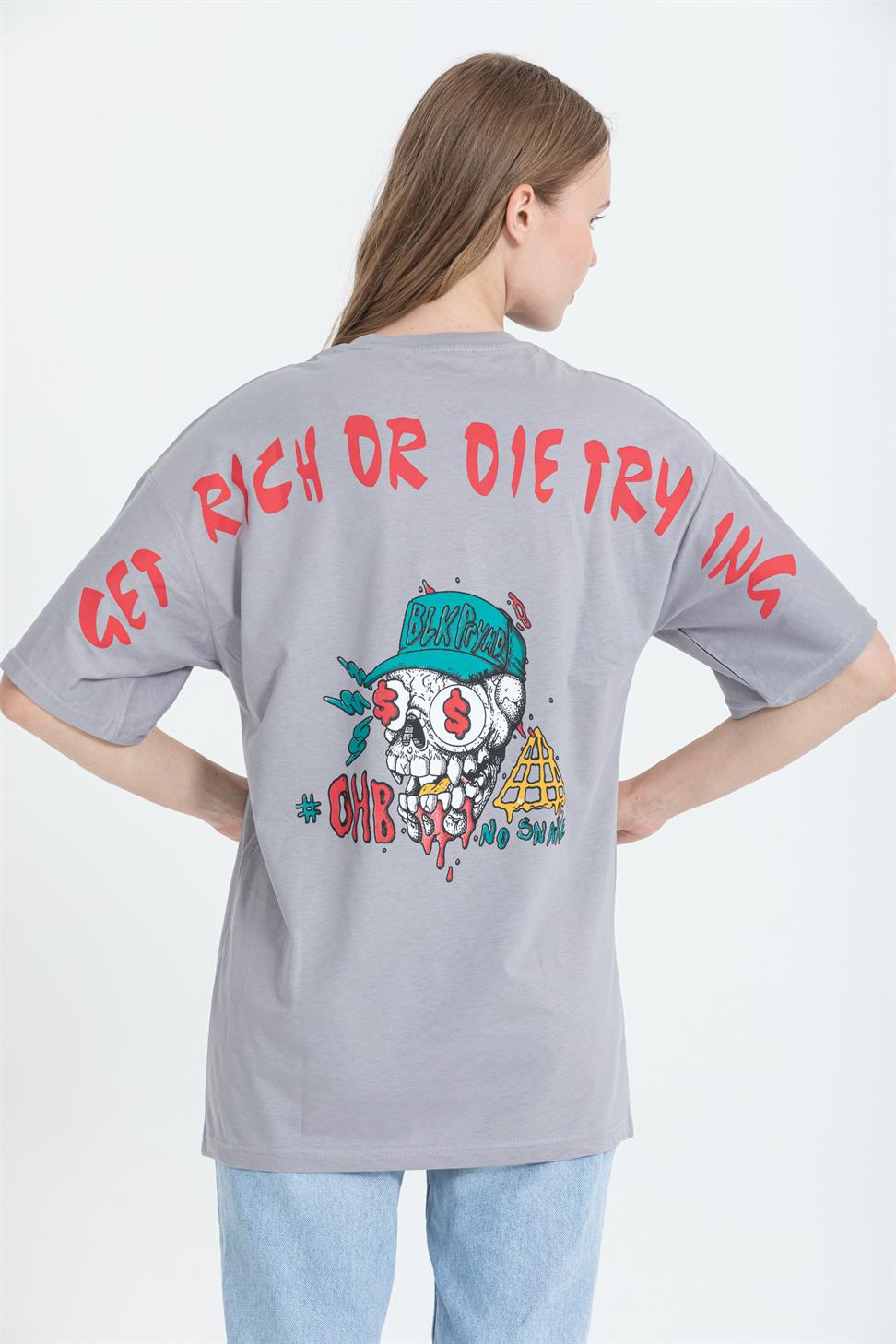 R-5741 Bisiklet Yaka Oversize Arka Kuru Kafa Baskılı T-shirt