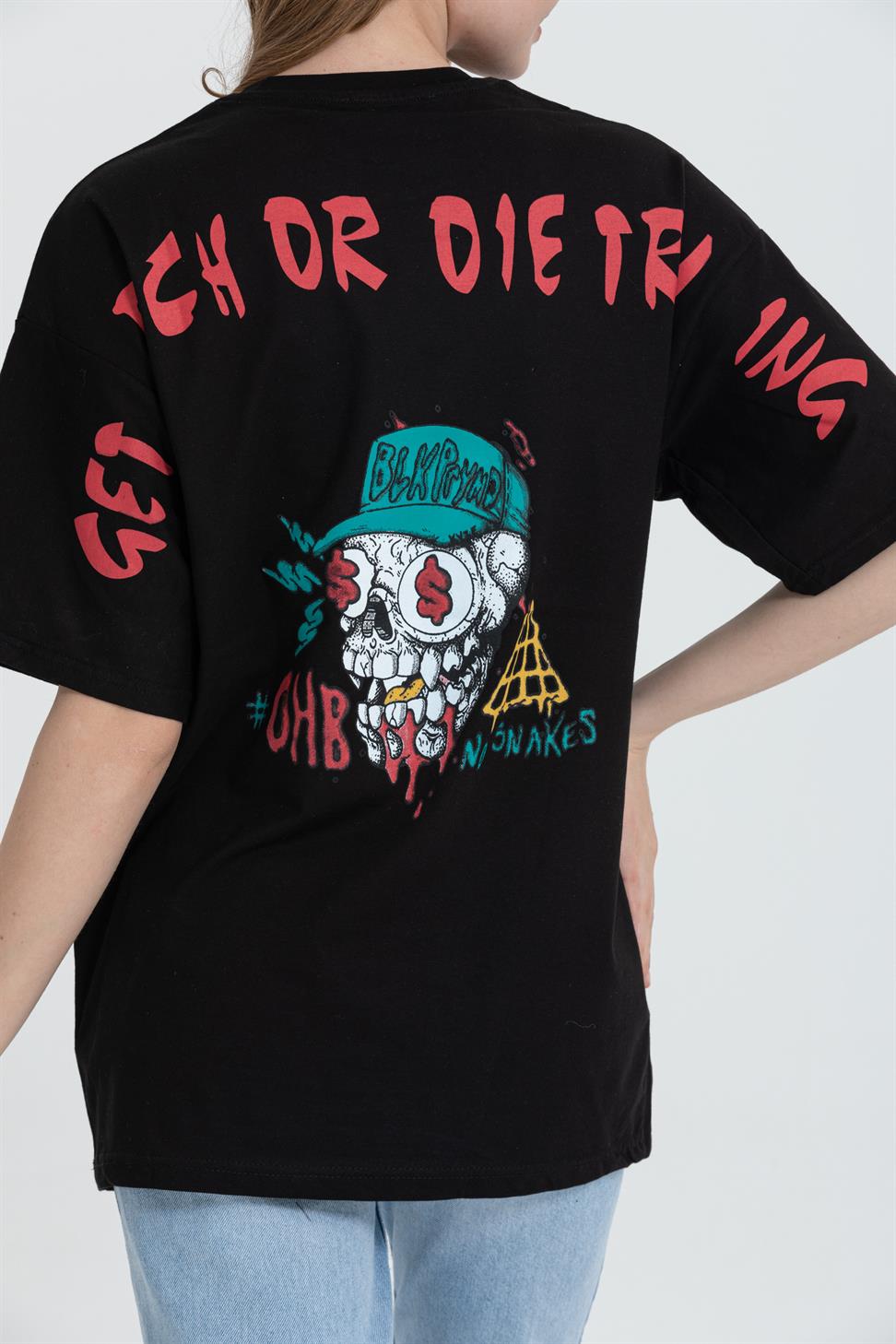 R-5741 Bisiklet Yaka Oversize Arka Kuru Kafa Baskılı T-shirt