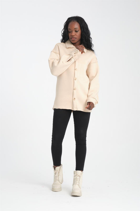 R-5750 Men’s Jacket Collar Raw Stitch Fleece Sweatshirt – Beige