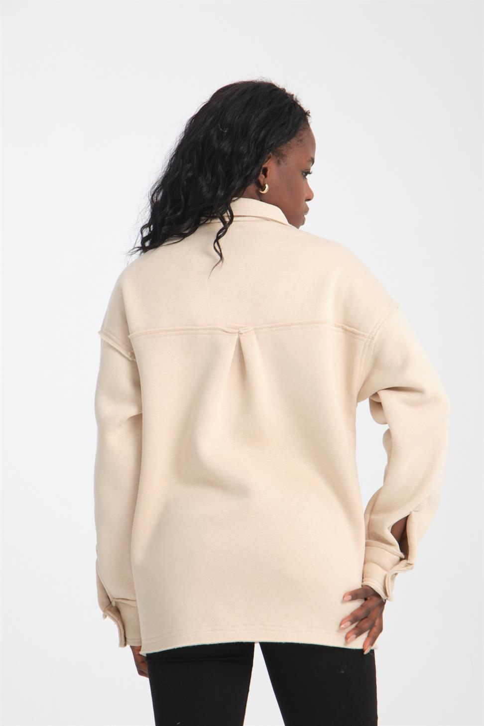 R-5750 Men’s Jacket Collar Raw Stitch Fleece Sweatshirt – Beige