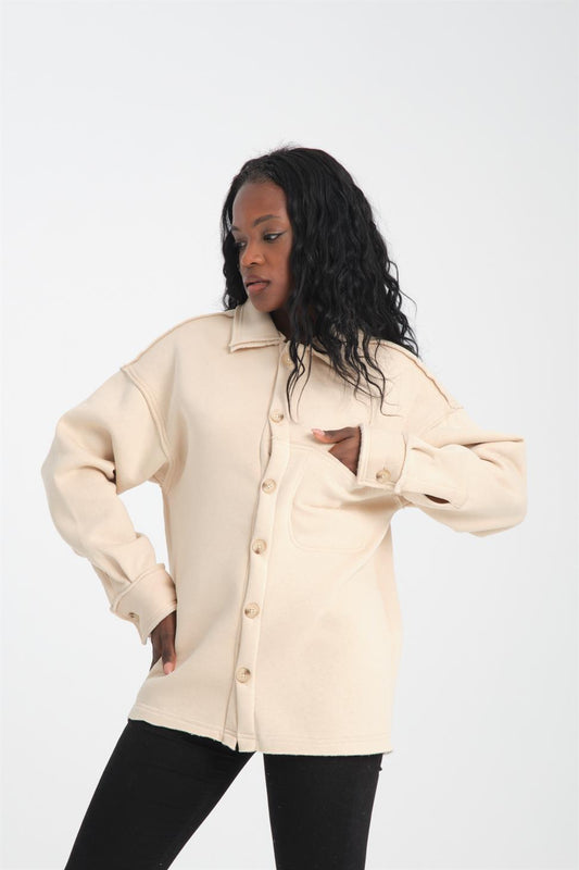 R-5750 Men’s Jacket Collar Raw Stitch Fleece Sweatshirt – Beige