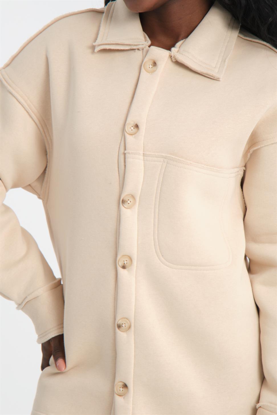 R-5750 Men’s Jacket Collar Raw Stitch Fleece Sweatshirt – Beige