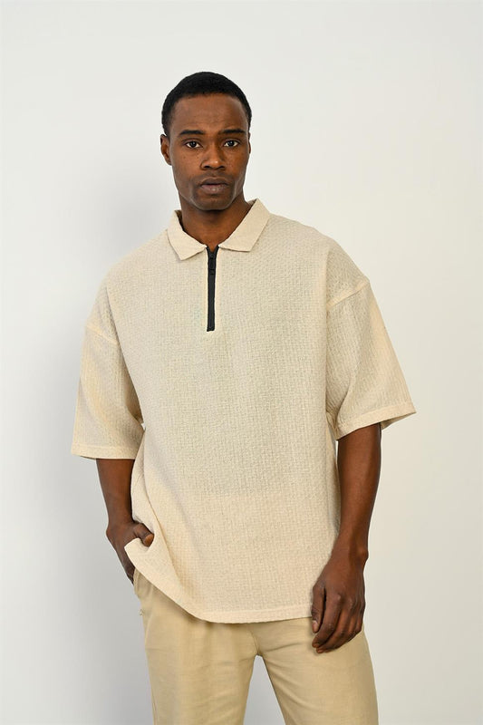 R-5755 Zipper Collar Short Sleeve T-Shirt – Stone