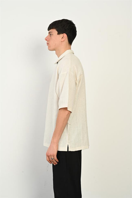 R-5755 Zipper Collar Short Sleeve T-Shirt – Beige