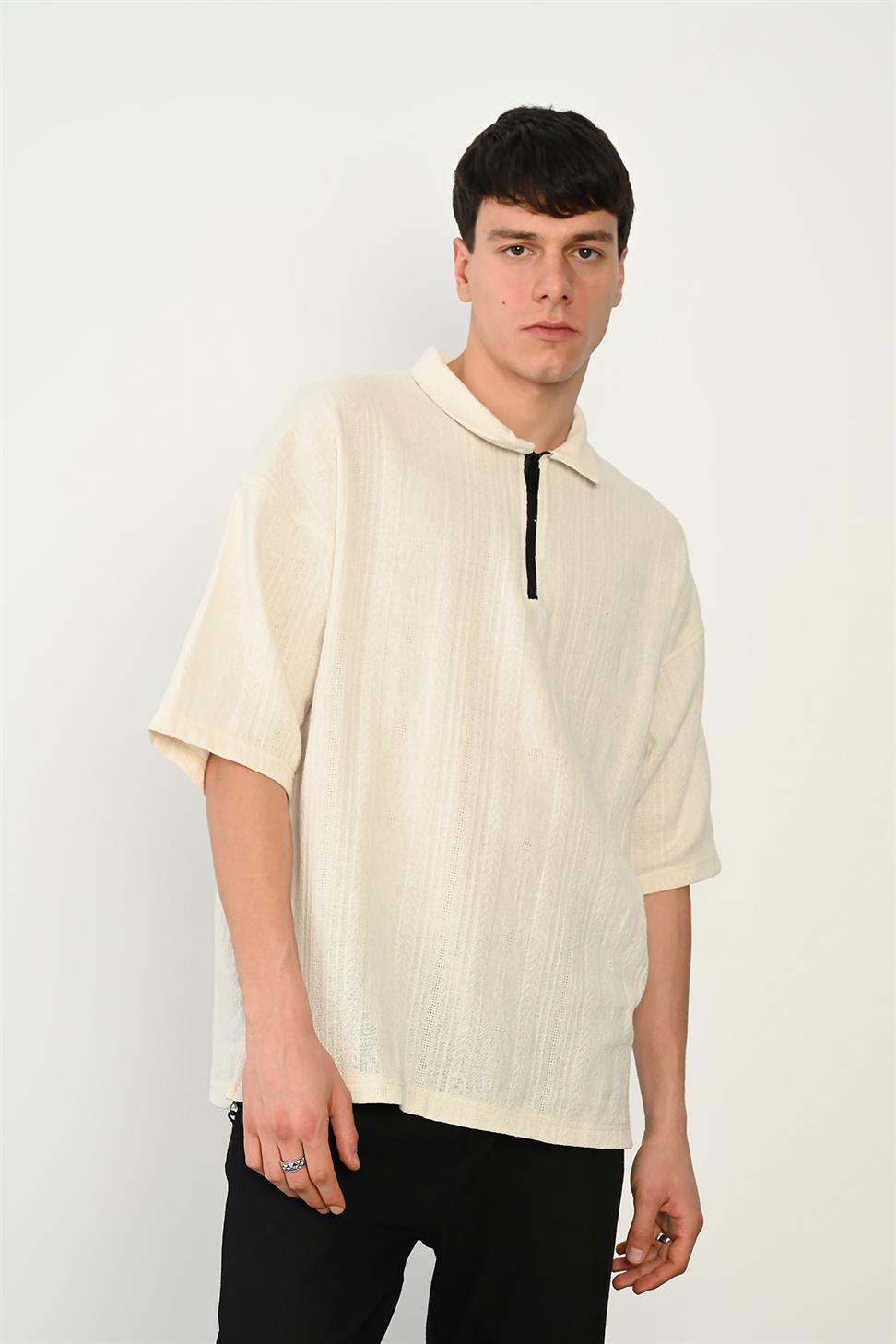 R-5755 Zipper Collar Short Sleeve T-Shirt – Beige