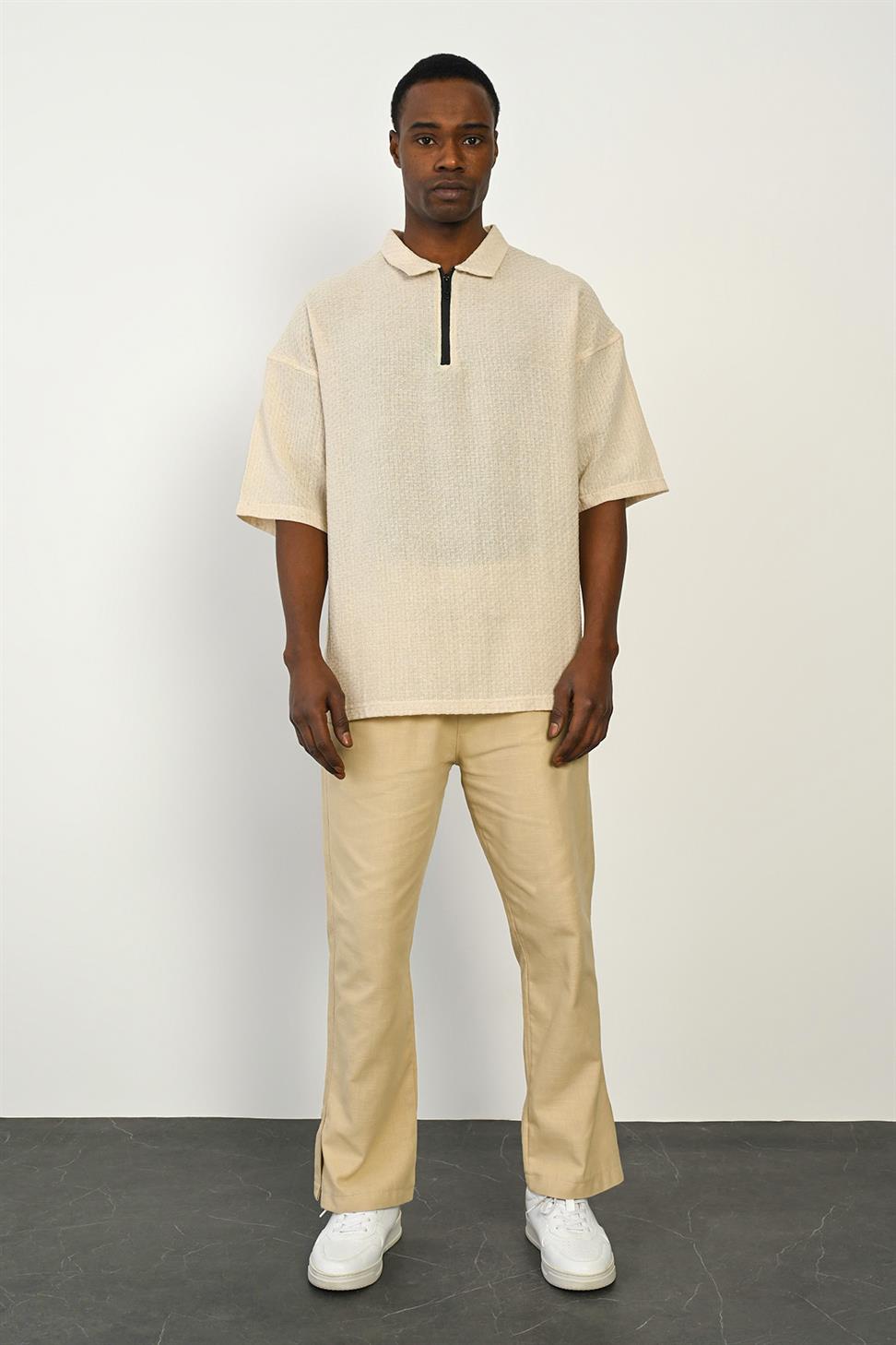 R-5755 Zipper Collar Short Sleeve T-Shirt – Stone