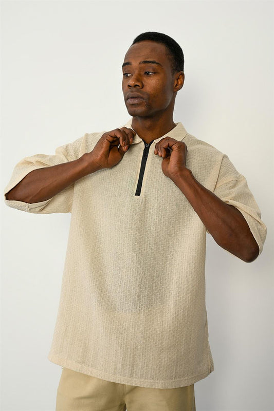 R-5755 Zipper Collar Short Sleeve T-Shirt – Stone