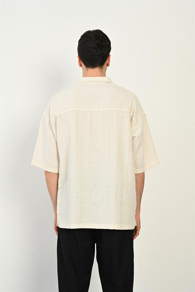 R-5755 Zipper Collar Short Sleeve T-Shirt – Beige