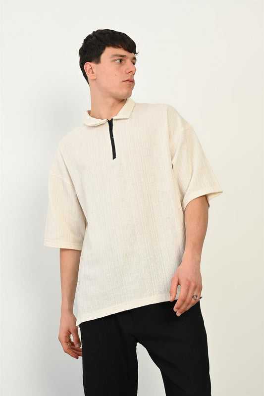 R-5755 Zipper Collar Short Sleeve T-Shirt – Beige