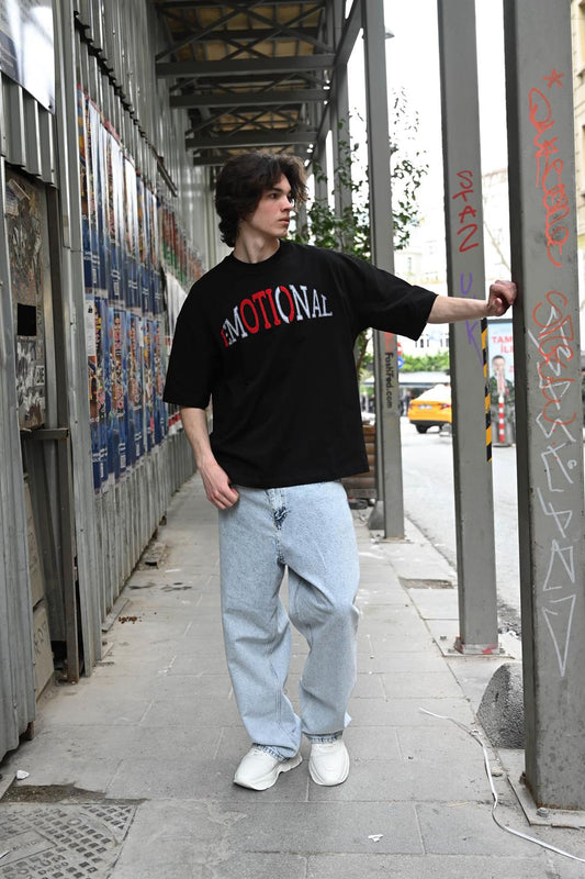 R-5786 Emotional Embroidered Oversize Suprem T-Shirt – Black | 100% Cotton