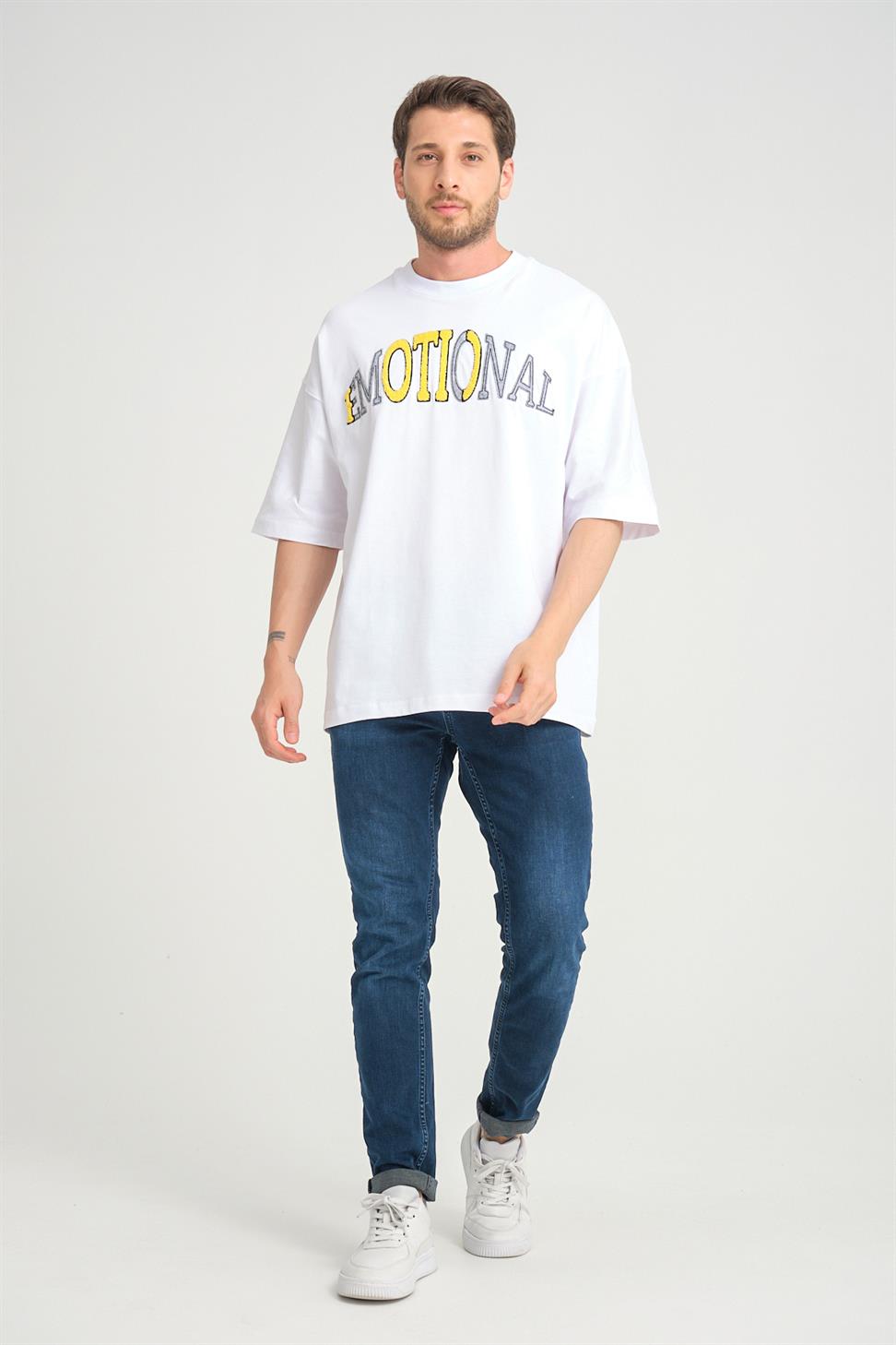 R-5786 Emotional Embroidered Oversize Suprem T-Shirt – White | 100% Cotton