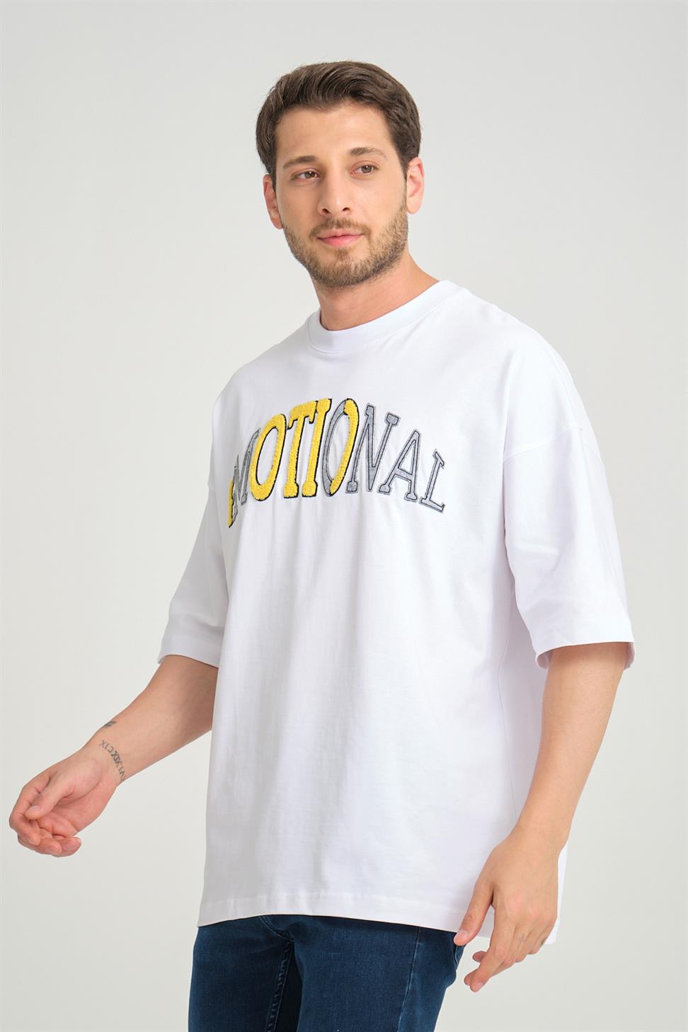 R-5786 Emotional Embroidered Oversize Suprem T-Shirt – White | 100% Cotton
