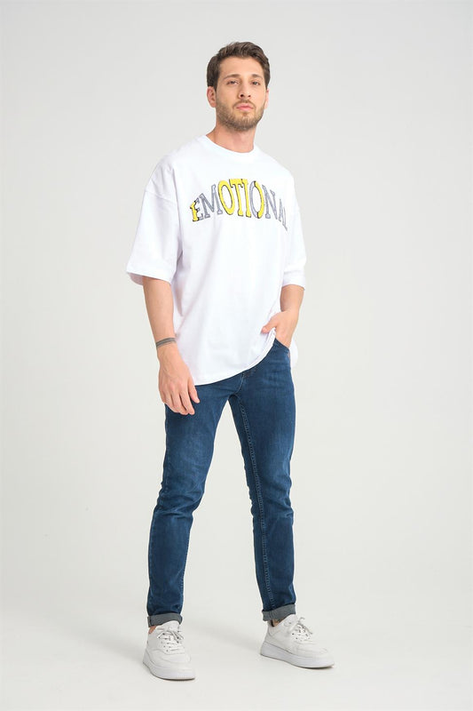 R-5786 Emotional Embroidered Oversize Suprem T-Shirt – White | 100% Cotton