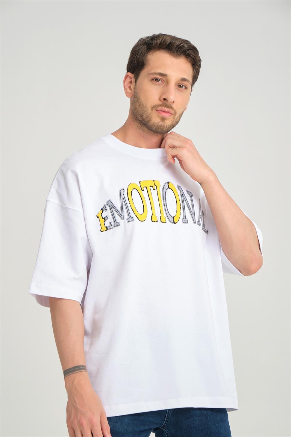 R-5786 Emotional Embroidered Oversize Suprem T-Shirt – White | 100% Cotton