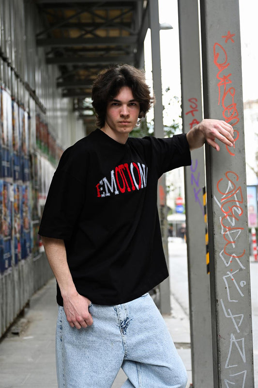 R-5786 Emotional Embroidered Oversize Suprem T-Shirt – Black | 100% Cotton