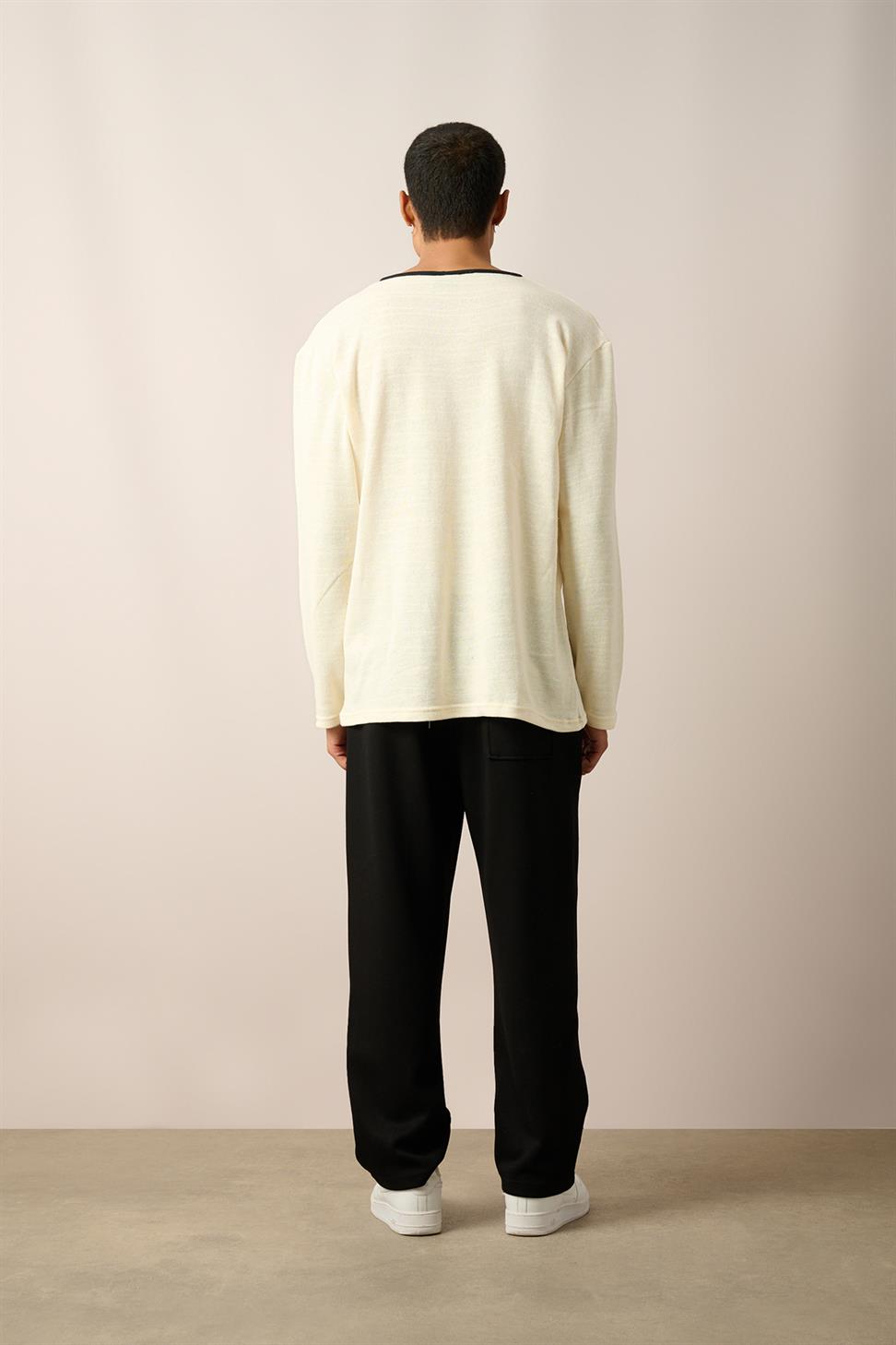 R-5798 Ecru Crew Neck Jacquard Sweatshirt with Piping Detail