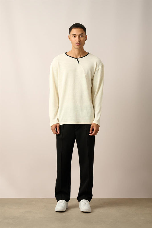R-5798 Ecru Crew Neck Jacquard Sweatshirt with Piping Detail