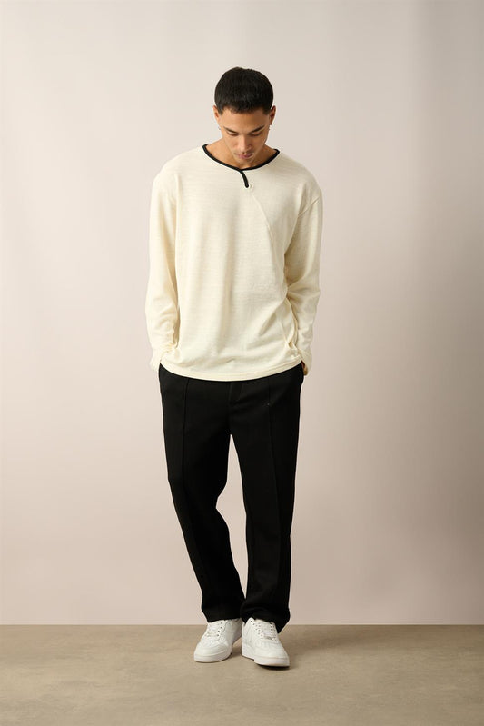 R-5798 Ecru Crew Neck Jacquard Sweatshirt with Piping Detail
