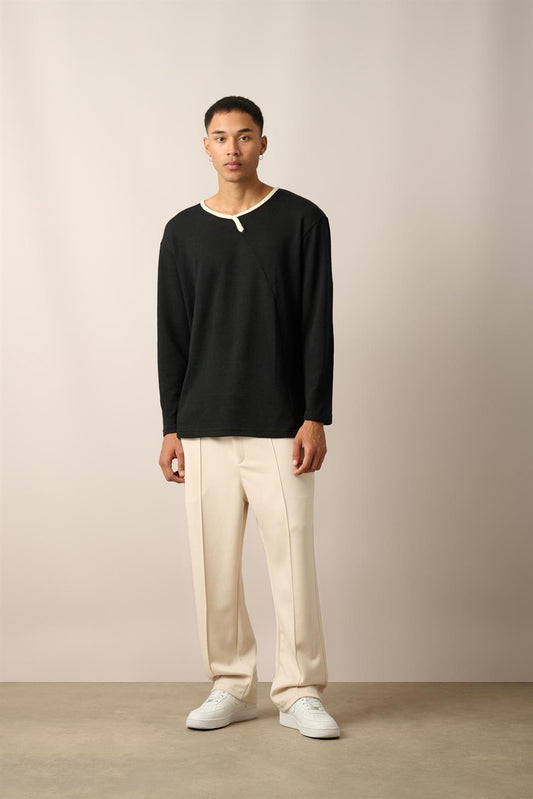 R-5798 Black Crew Neck Jacquard Sweatshirt with Piping Detail