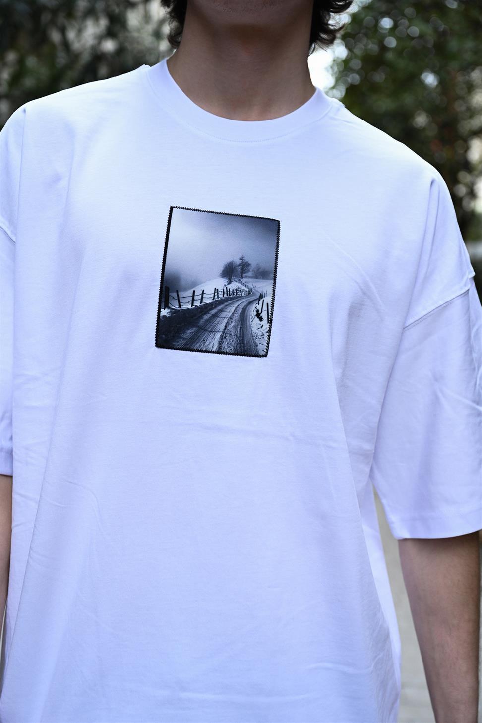 R-5805 Back Printed Supima T-Shirt with Patch Detail – White