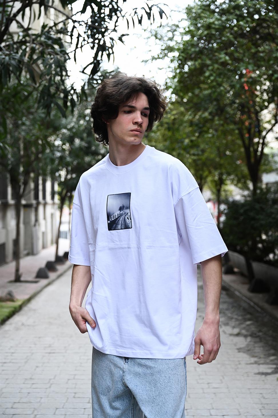 R-5805 Back Printed Supima T-Shirt with Patch Detail – White