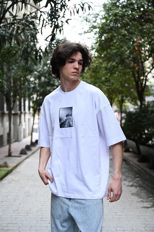 R-5805 Back Printed Supima T-Shirt with Patch Detail – White