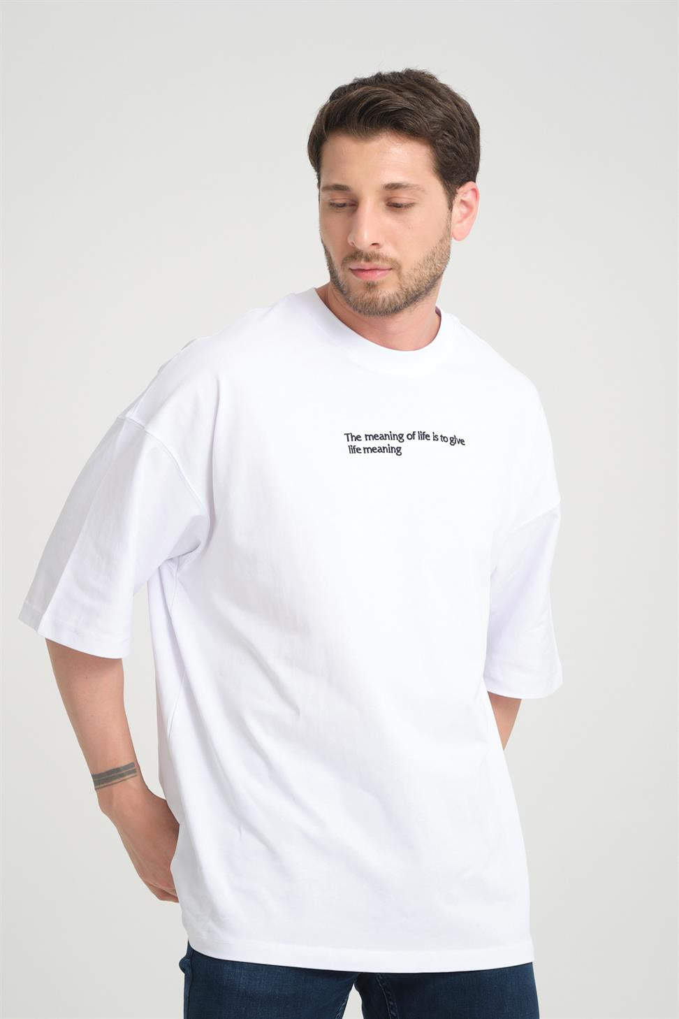 R-5806 Men’s Front Print Back Patch Detail Supima T-Shirt – White