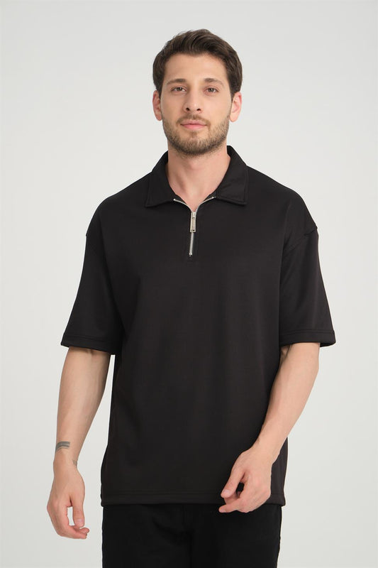 R-5812 Half-Placket Zipper Detail Scuba T-Shirt – Black