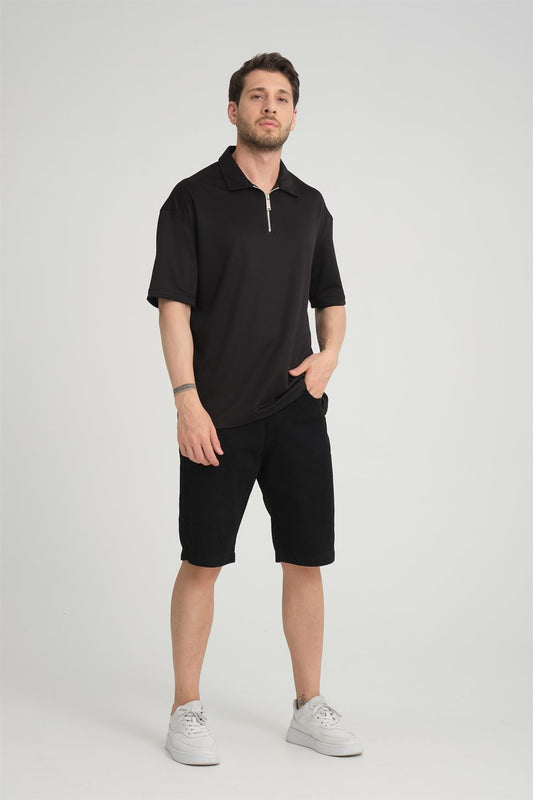 R-5812 Half-Placket Zipper Detail Scuba T-Shirt – Black