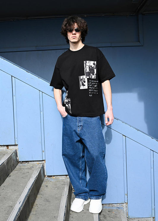 R-5815 Patch Detail Printed Suprem T-Shirt – Black 100% Cotton