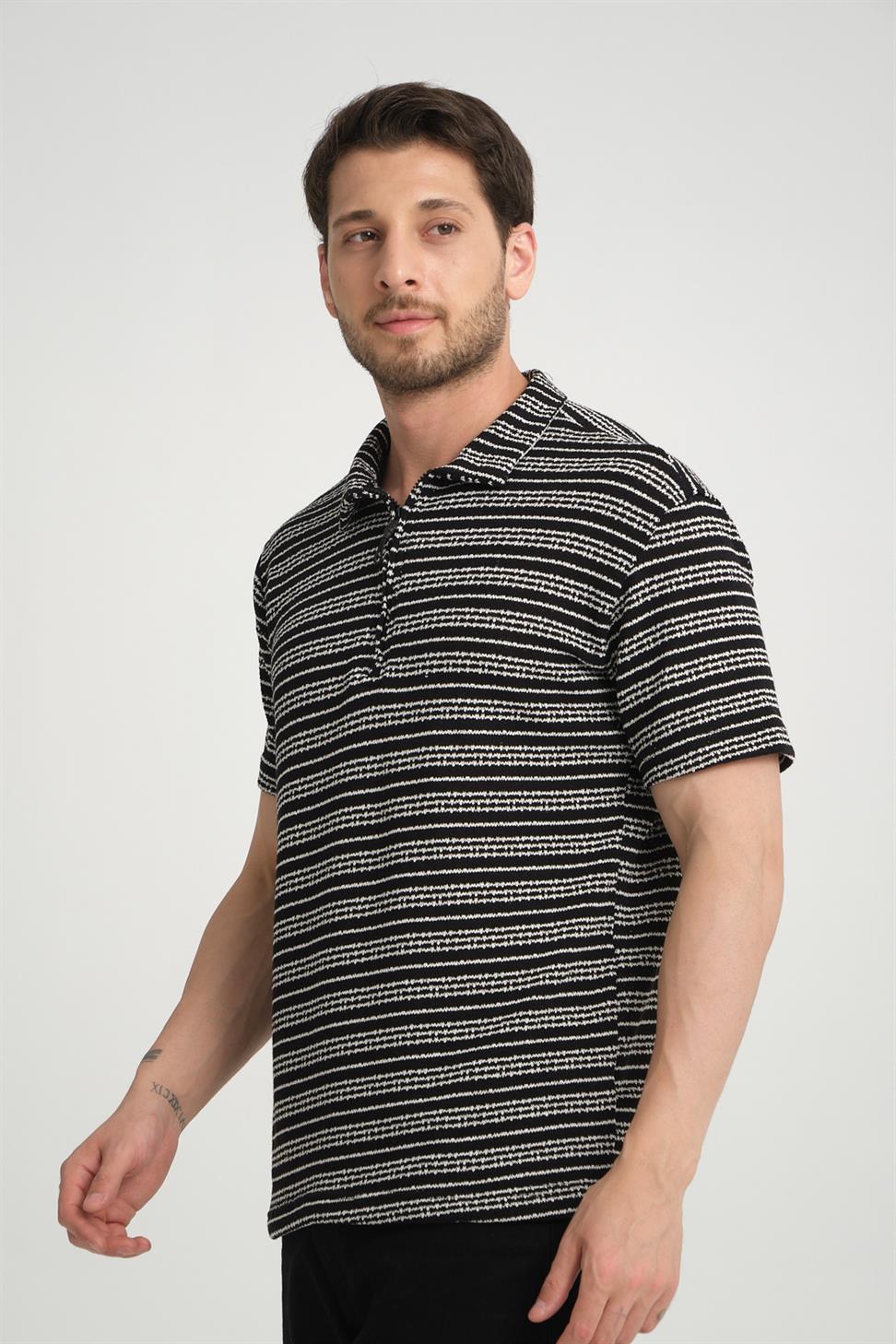 R-5834 Half-Zip Collar Striped Knit T-Shirt – Black