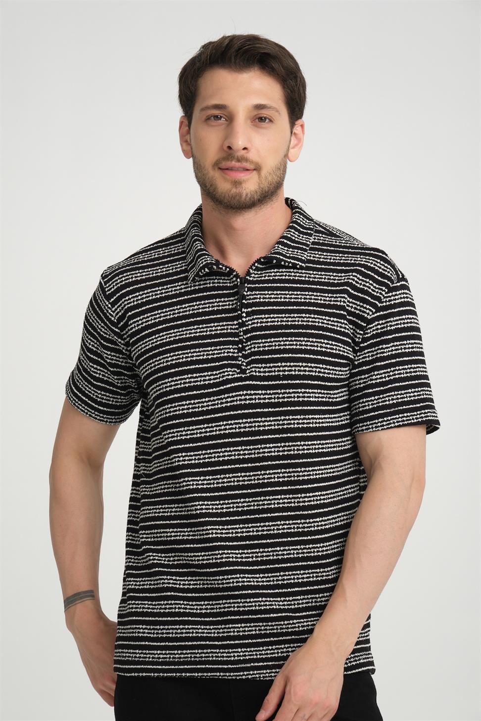 R-5834 Half-Zip Collar Striped Knit T-Shirt – Black