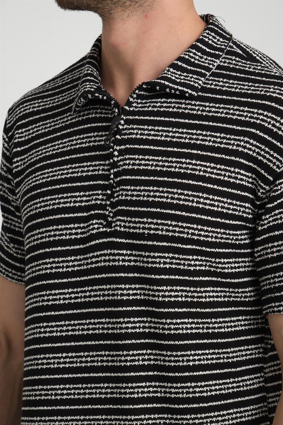 R-5834 Half-Zip Collar Striped Knit T-Shirt – Black