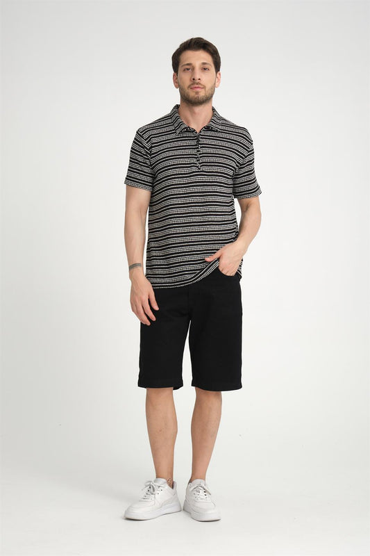 R-5834 Half-Zip Collar Striped Knit T-Shirt – Black