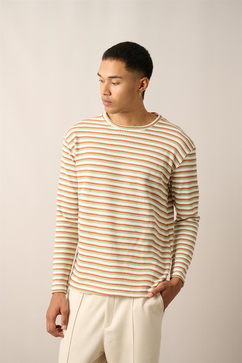 R-5838 Green Crew Neck Long Sleeve Knit Sweatshirt