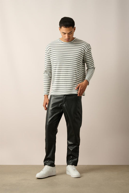 R-5838 Green Crew Neck Long Sleeve Knit Sweatshirt