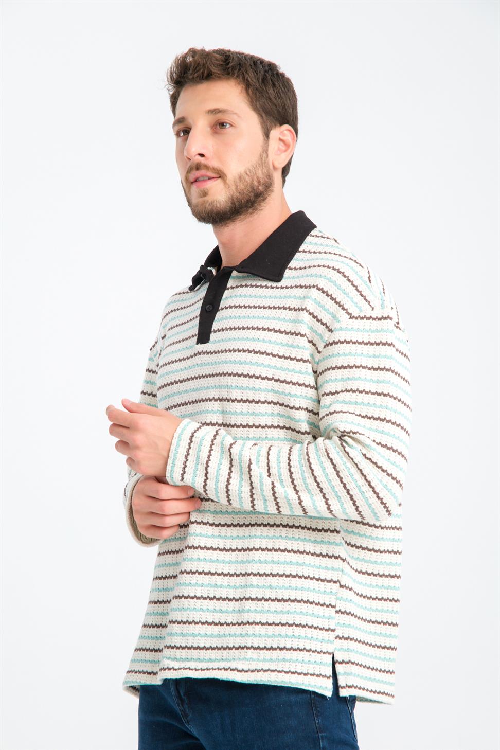 R-5839 Polo Neck Long Sleeve Striped Knit Sweatshirt – Mint