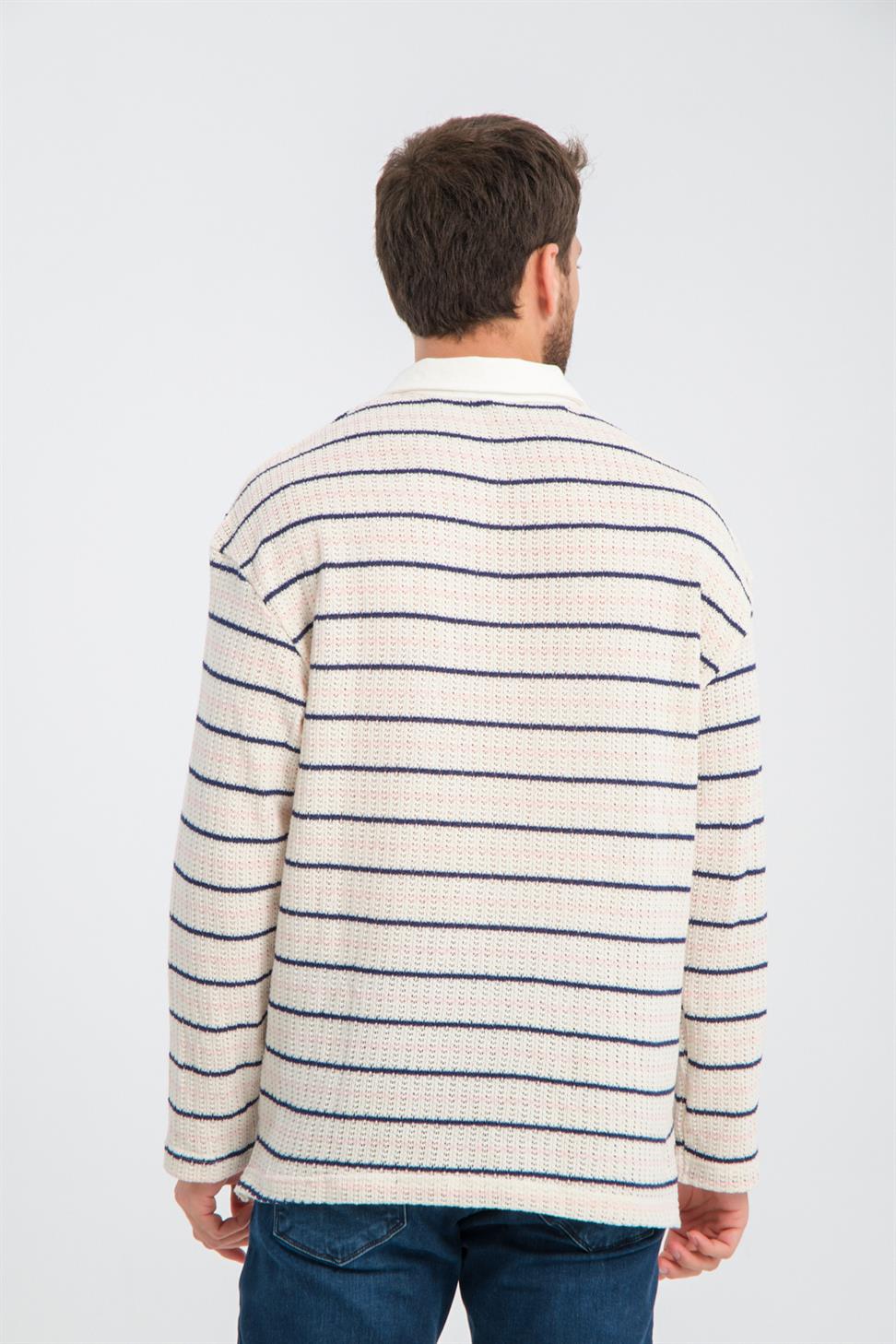 R-5839 Polo Neck Long Sleeve Striped Knit Sweatshirt – Beige
