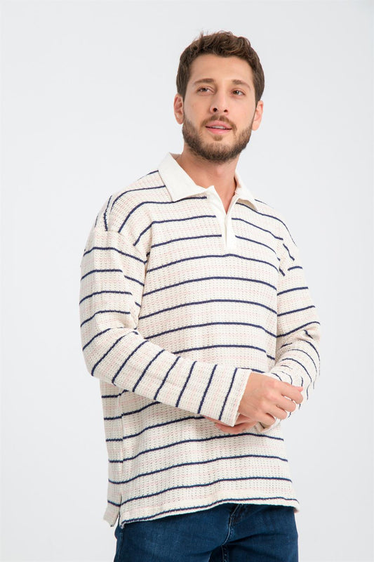 R-5839 Polo Neck Long Sleeve Striped Knit Sweatshirt – Beige