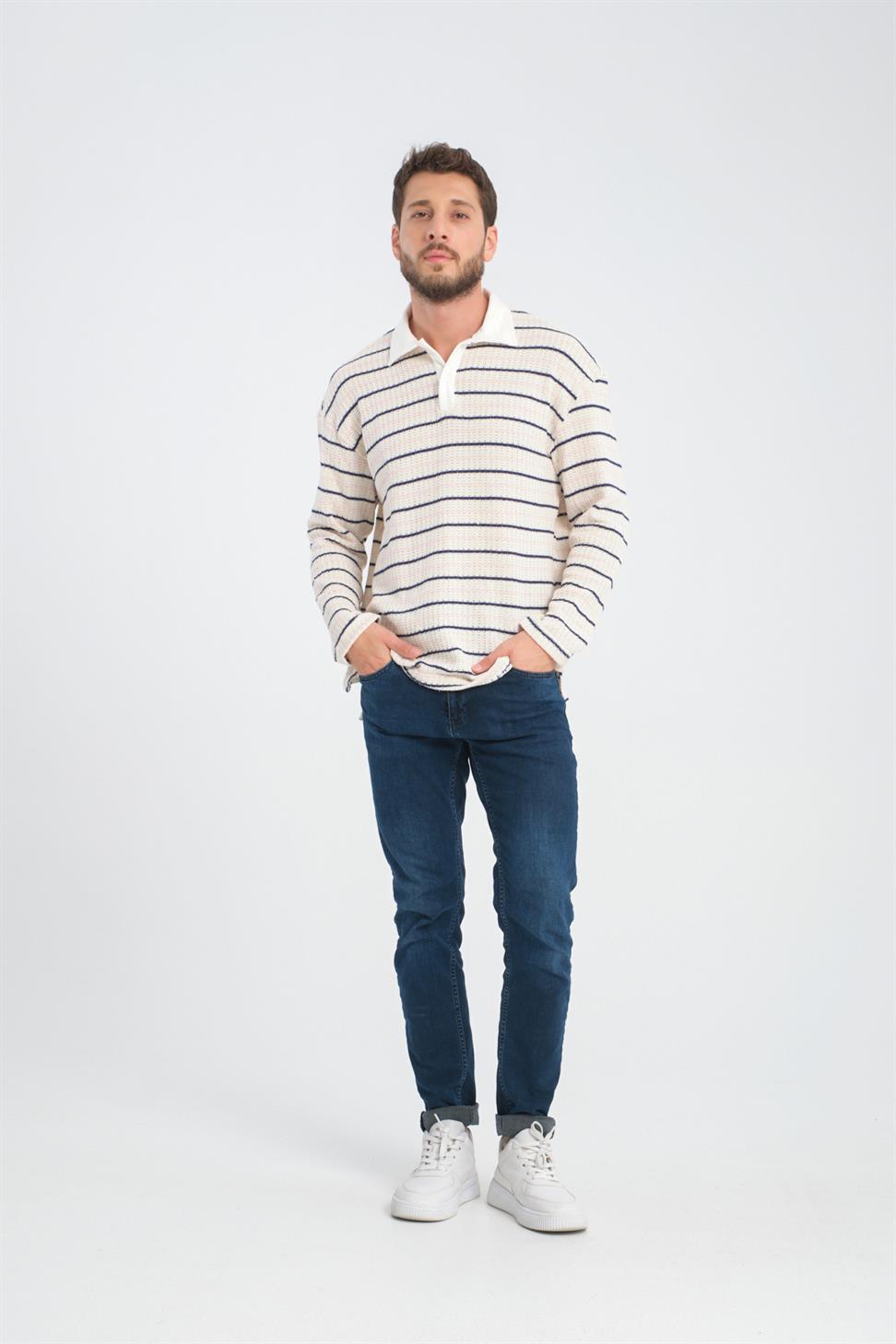 R-5839 Polo Neck Long Sleeve Striped Knit Sweatshirt – Beige