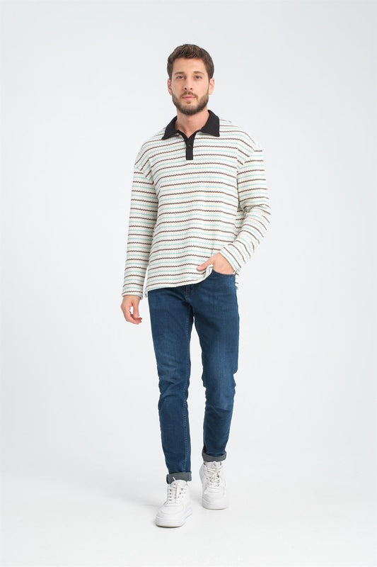 R-5839 Polo Neck Long Sleeve Striped Knit Sweatshirt – Mint