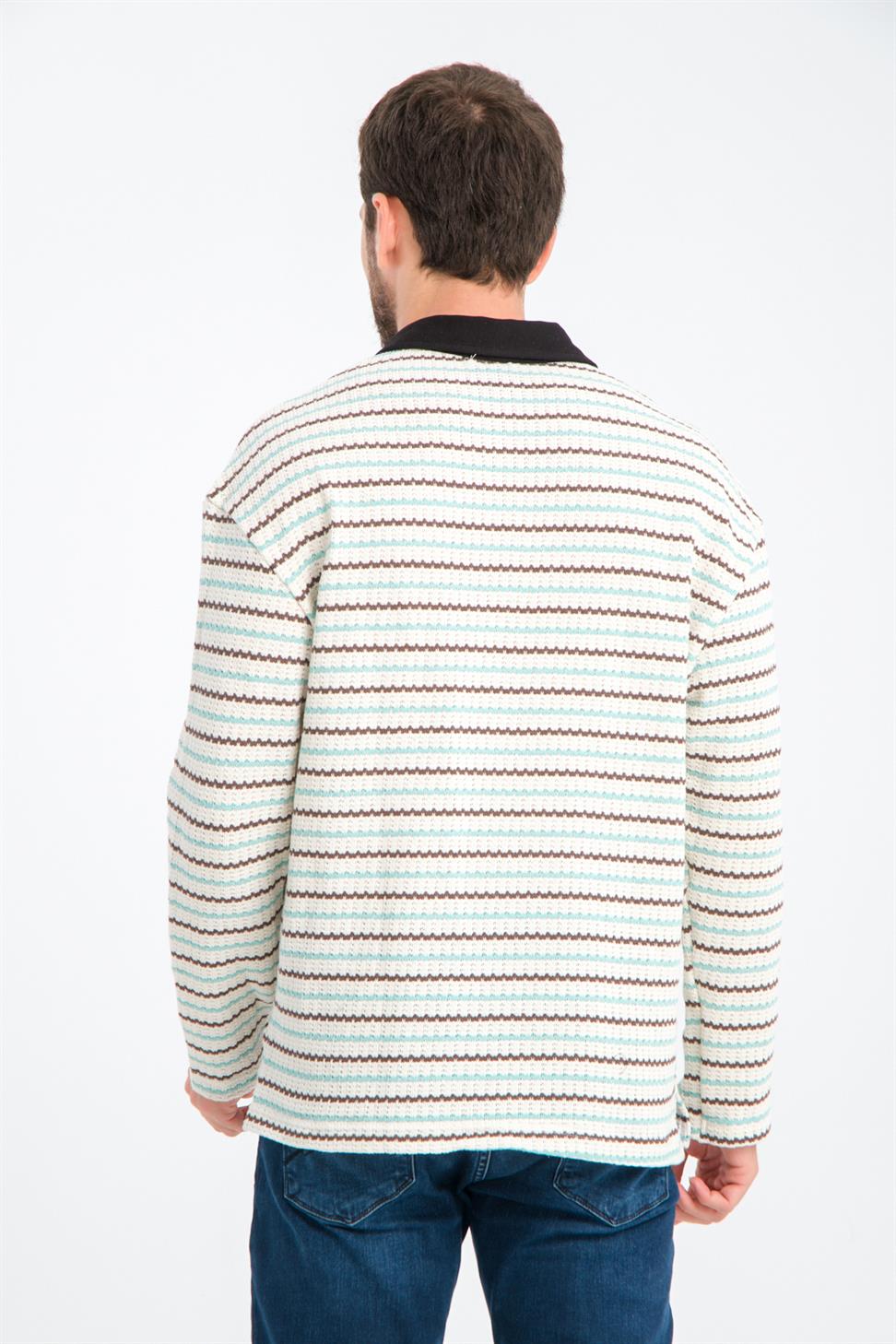 R-5839 Polo Neck Long Sleeve Striped Knit Sweatshirt – Mint