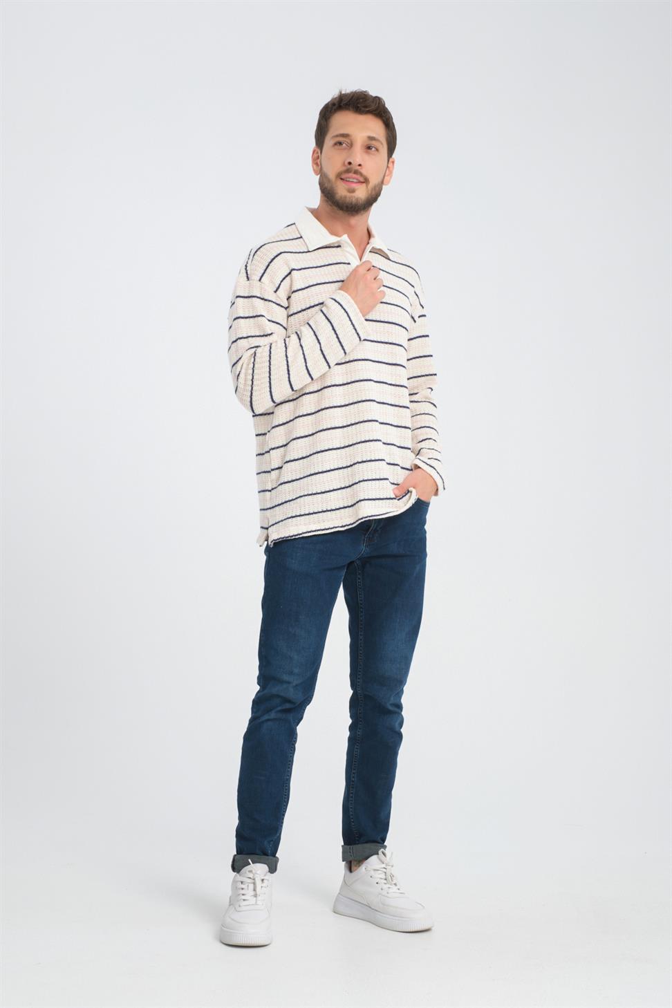 R-5839 Polo Neck Long Sleeve Striped Knit Sweatshirt – Beige