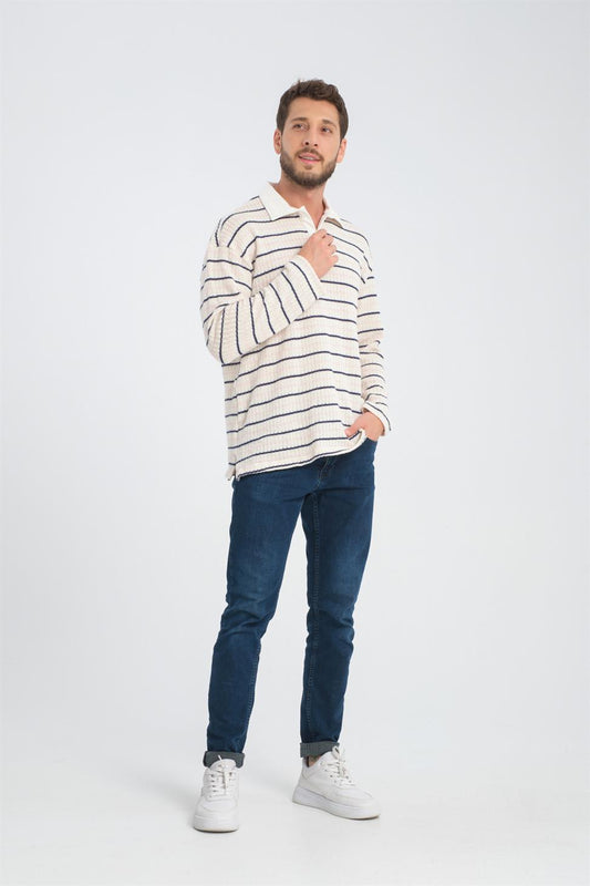 R-5839 Polo Neck Long Sleeve Striped Knit Sweatshirt – Beige