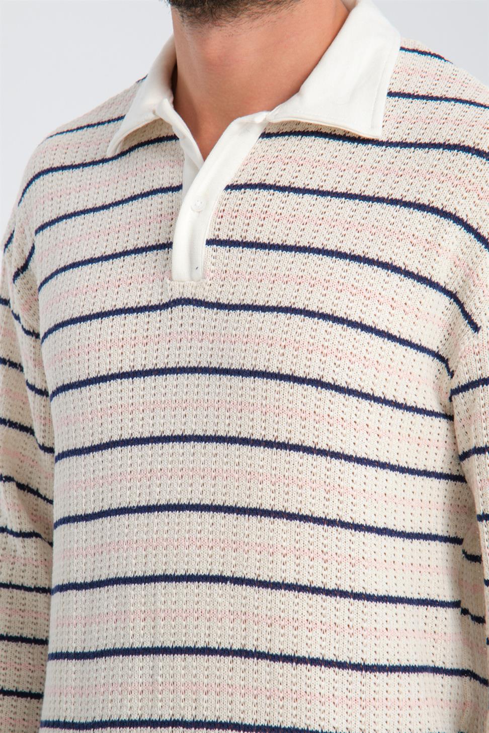 R-5839 Polo Neck Long Sleeve Striped Knit Sweatshirt – Beige