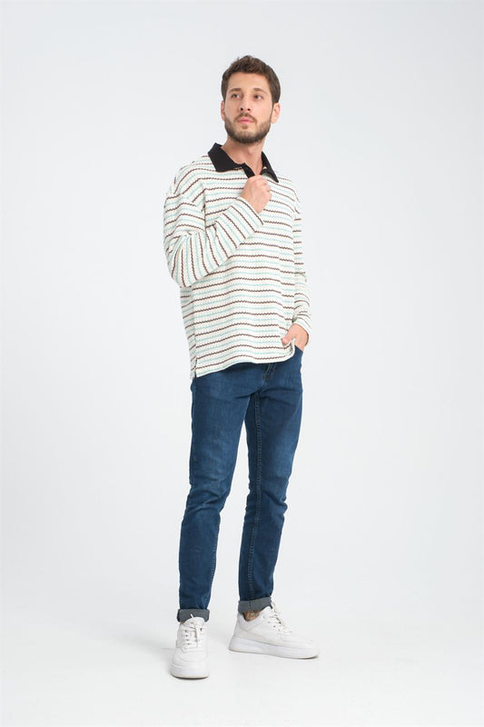R-5839 Polo Neck Long Sleeve Striped Knit Sweatshirt – Mint