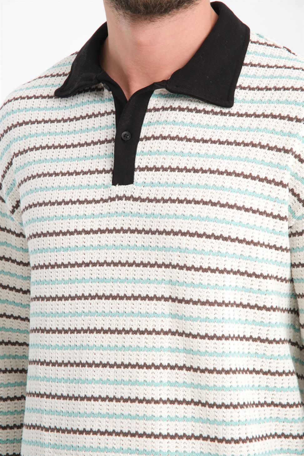 R-5839 Polo Neck Long Sleeve Striped Knit Sweatshirt – Mint